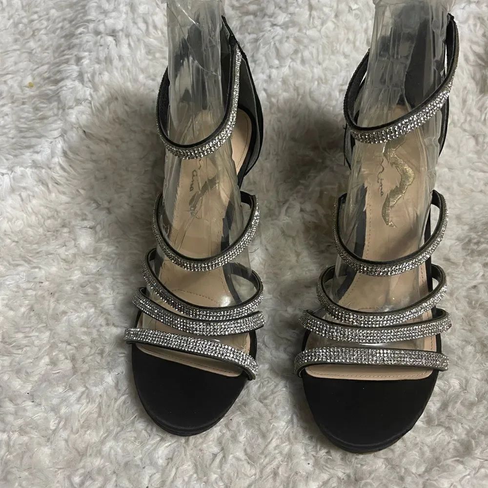 Nina Rhinestones and black Satin straps sandals with back zipper Size 10M